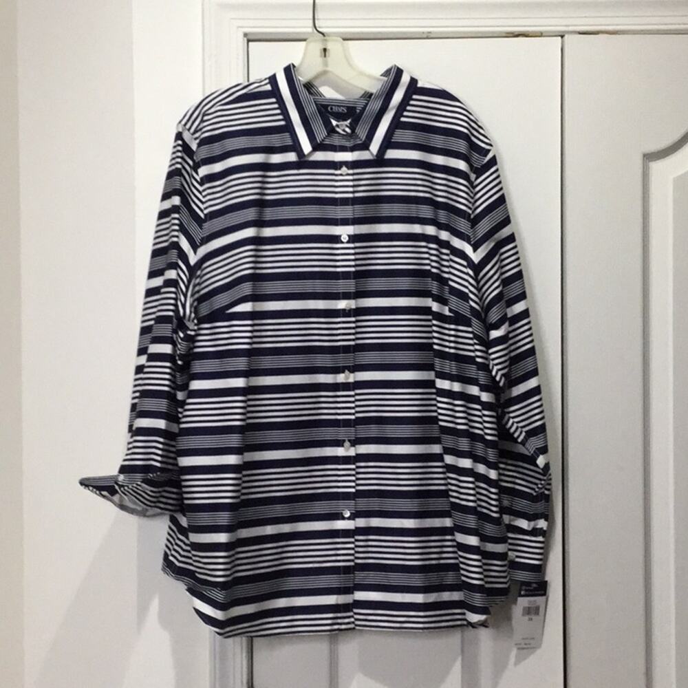 Chaps 3x navy/white no wrinkle 💯cotton blouse NWT